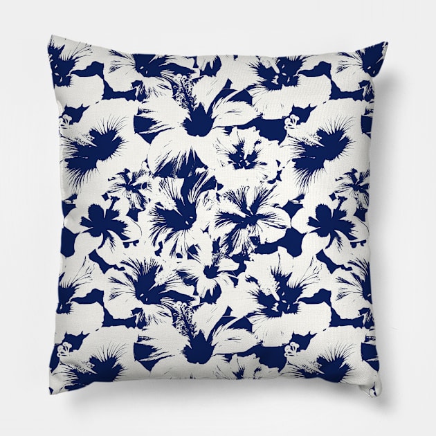 Hibiscus Flowers Tropical Blue and White Pattern Pillow by Trippycollage