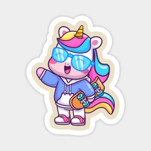 Cute Cool Unicorn Holding Skateboard Cartoon Magnet