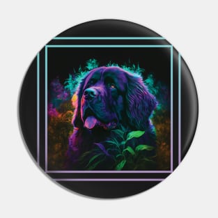 Nifty Newfoundland Dog Floral Vibrant Tropical Digital Oil Painting Pet Portrait Pin