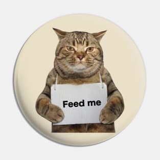 Funny fat cat with a sign to feed me Pin