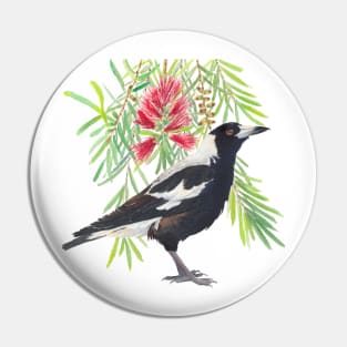 Australian Magpie and Red Bottlebrush Pin