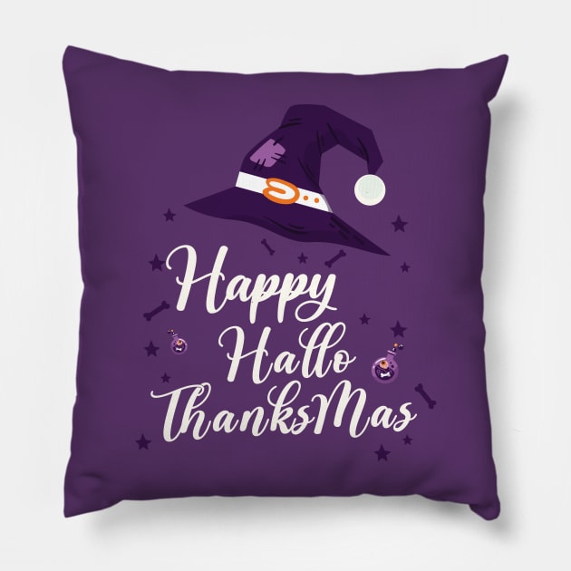 Happy Hallowthanksmas Pillow by La Moda Tee