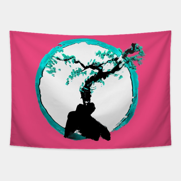 ocean teal tree of life on a enso circle - Sumi inspired Bonsai tree Tapestry by Trippy Critters