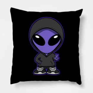 Hooded Space Alien Peace Hand Sign Purple Pillow