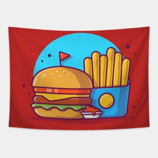 Burger With French Fries Cartoon Vector Icon Illustration (4) Tapestry