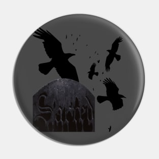 Sacred Gothic Text Gravestone With Crows and Ravens Pin