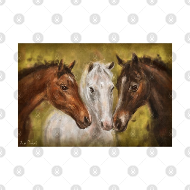 Painting of 3 Horses - Brown and White on Mustard Yellow Background by ibadishi