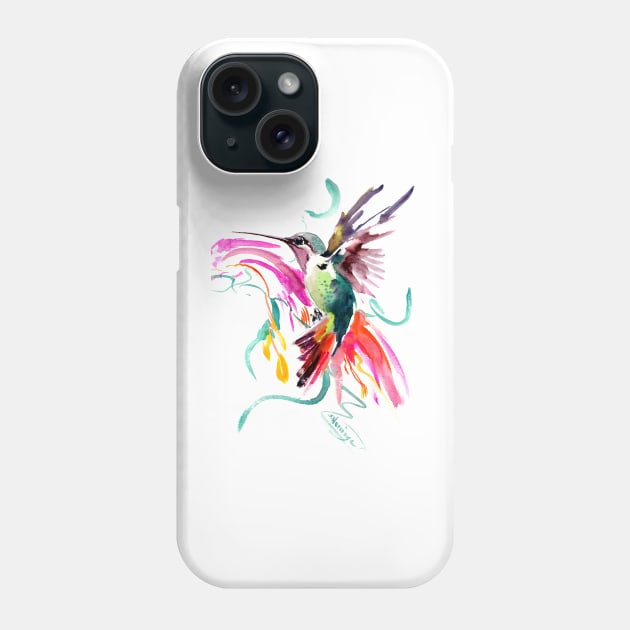 Flying Hummingbird and Abstract Flowers, Turquoise, pink watercolor bird artwork Phone Case by surenart