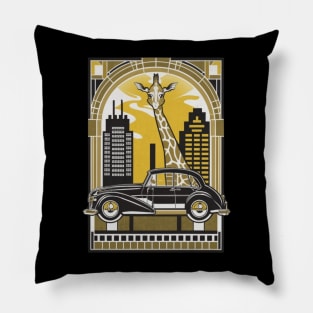 A sophisticated giraffe elegantly navigating a cityscape in a luxury sedan Pillow