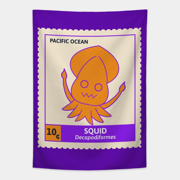 Kawaii Cute Silly Orange Squid, Ocean Stamp Collection, Stamp Collector Tapestry by vystudio