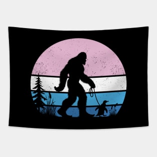 Bigfoot Sasquatch Walking A Penguin Vintage Sunset Seabird Tapestry