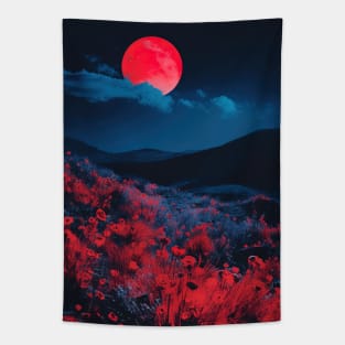 bright red moon with red flowers during the night Tapestry