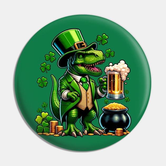 St Patrick's Day Irish T Rex Leprechaun Drinking Beer Pin by E