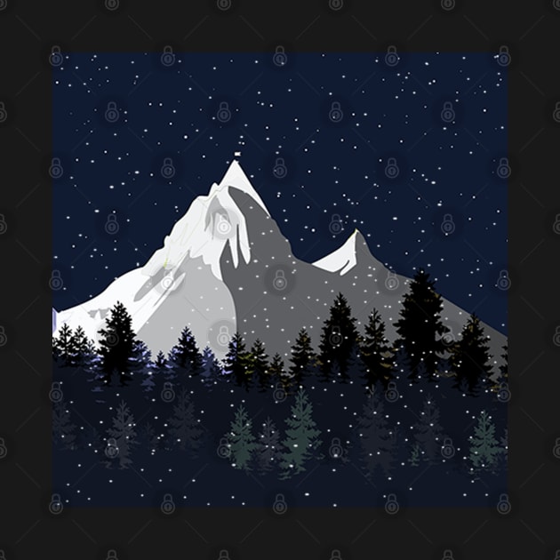 Snow Mountain & Pine Trees, Night Sky Country Cabin Design Snowfall by tamdevo1