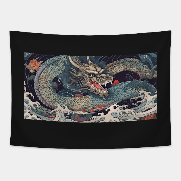 Ukiyo-e Japanese Art - Fantasy Green Dragon Tapestry by allovervintage