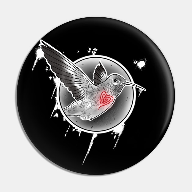 Flying humming bird with red heart Pin by Blacklinesw9