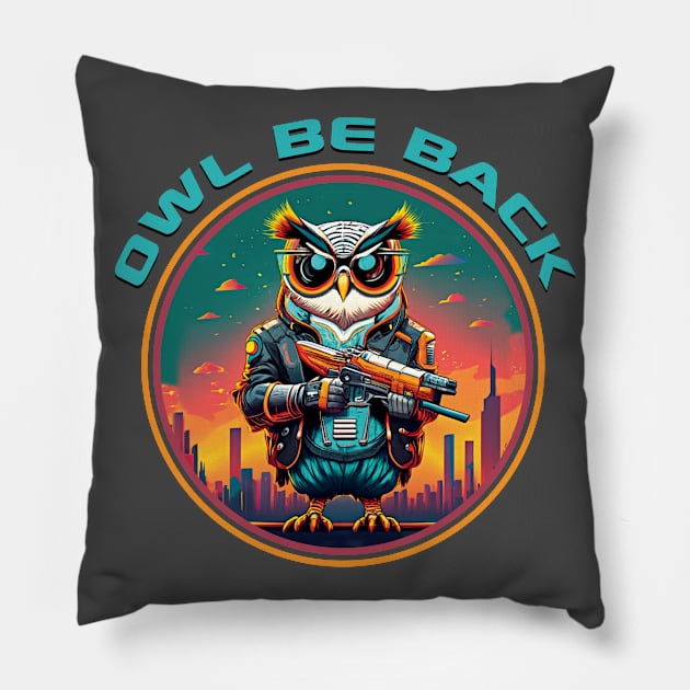 Owl Be Back Terminator Owl Pillow by Alema Art