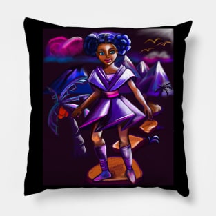 Anime girl with two puffs and lighting 2. Black afro anime girl in purple space fantasy scene ! beautiful  black girl with Braided hair, blue eyes, Cherry pink lips and dark brown skin. Hair love ! Pillow