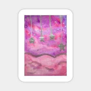 Pink clouds with silver stars watercolor painting Magnet