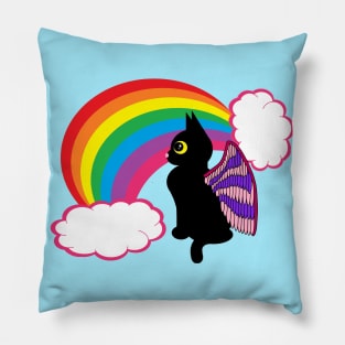 Black kitty with rainbow Pillow