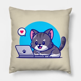 Cute Cat Working On Laptop Cartoon Pillow