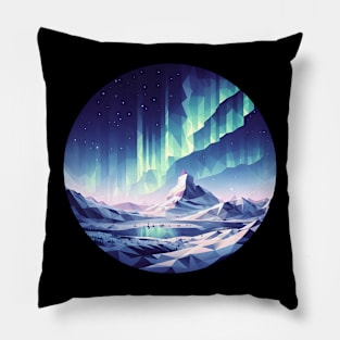 Low Poly Winter Mountains with the Northern Lights Pillow