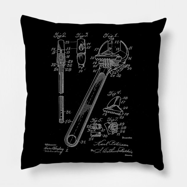 Wrench Vintage Patent Drawing Pillow by TheYoungDesigns