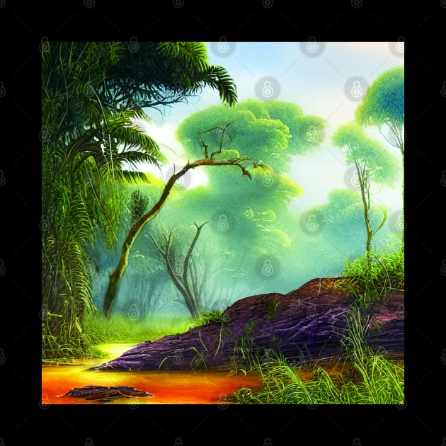 Landscape Painting with Tropical Plants and Lake, Scenery Nature by Promen Art