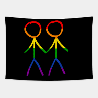 Stick figure drawing of two gay men holding hand, in rainbow colors for pride Tapestry