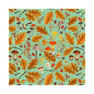 Forest mushrooms and autumn flora on jade green T-Shirt