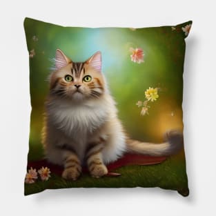 Fluffy Tabby Cat Amongst Flowers Pillow