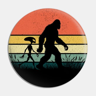 Bigfoot Walking With Alien Vintage Sunset Hiking Outdoor Pin