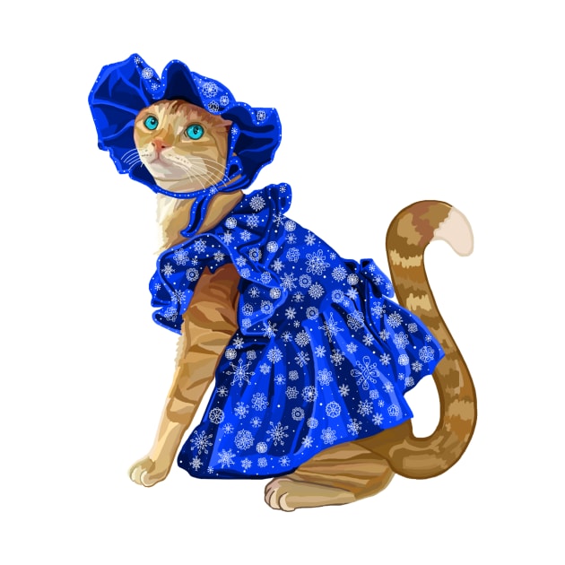 Ginger Cat in Snowflake Winter Dress by Art by Deborah Camp