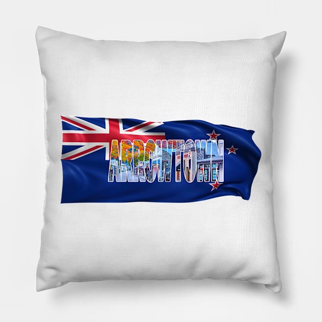 ARROWTOWN - New Zealand with Flag Pillow by TouristMerch