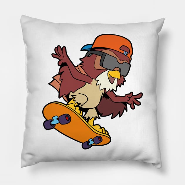 Comic owl rides skateboard Pillow by Modern Medieval Design