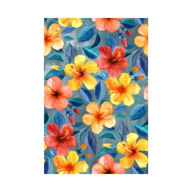 Colorful Watercolor Hibiscus on Grey Blue by micklyn