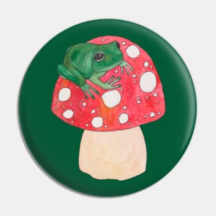 Green frog on red mushroom fly agaric Pin