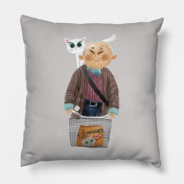 Old chinese man with cat on a bike. Pillow by Geeksarecool