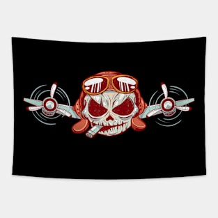 Two Tailed Tom - Twin Engine Pilot Skull Tapestry