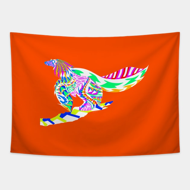 orange winged velociraptor the bird dinosaur ecopop Tapestry by jorge_lebeau