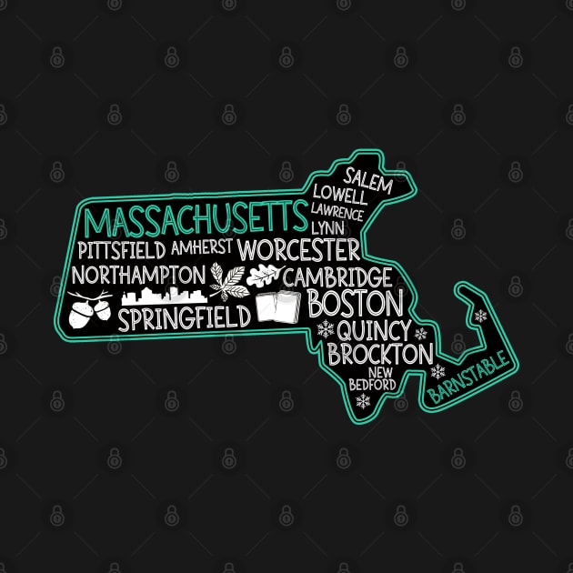 Massachusetts Barnstable cute map Lowell Lawrence Lynn Worcester Springfield by BoogieCreates