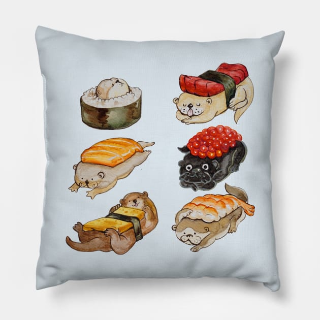 Sushi Otter Watercolor Pillow by huebucket