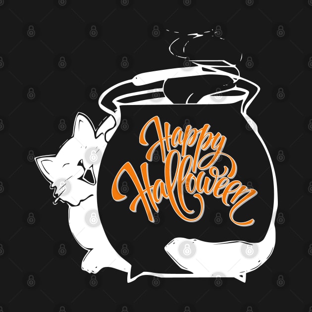 A funny Cat Behind Cauldron, Happy Halloween Lettering Holiday Calligraphy, Halloween Celebration, Halloween Event, Halloween Party 2021, White Version by Modern Art