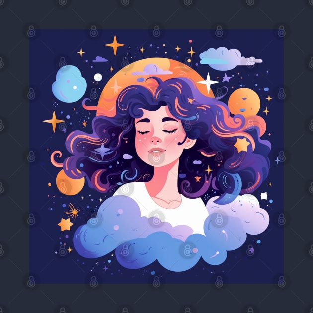 Woman with sweet dreams concept Young girl with galaxy and universe at hairs by Pinnancy