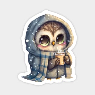 Chibi Owl Drinking Hot Chocolate cute christmas snow design series 5 Magnet