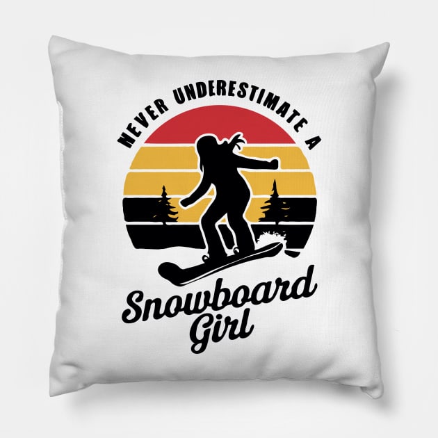 Never Underestimate A Snowboard Girl, Retro Snowboarding Pillow by Chrislkf