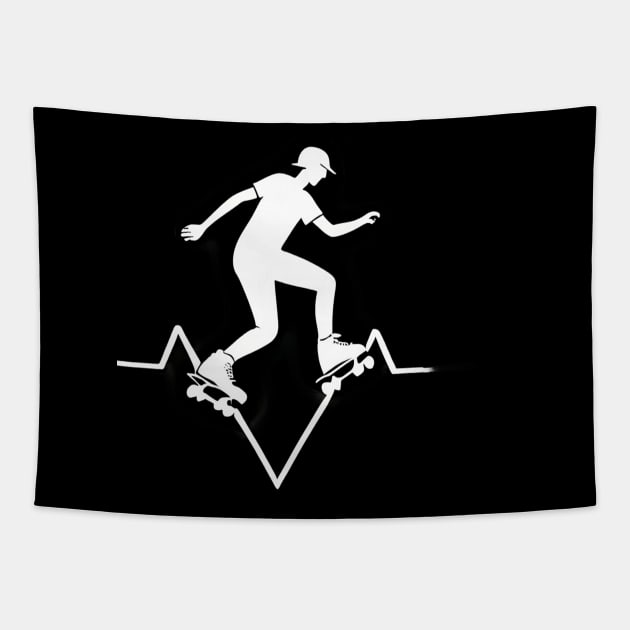 Roller Skate line drawing and heartbeat in white for skaters and roller derby fans Tapestry by Customo