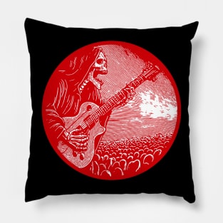 Reaper Riffs Unleash the Power of the Afterlife with our Electric Guitar-Strumming Grim Reaper Design! Red version. Dark meets Rock in this Edgy Artwork – Perfect for Those Who Crave Musical Macabre Pillow