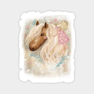 Cute dreaming romantic horse with flowers and a little girl. Magnet