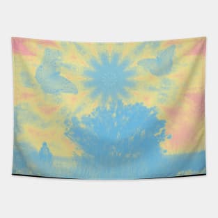 Surreal butterflies and landscape on mandala Tapestry